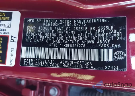 2015 Toyota Camry Xle z USA, uszkodzony, nr VIN 4T1BF1FK0FU994278